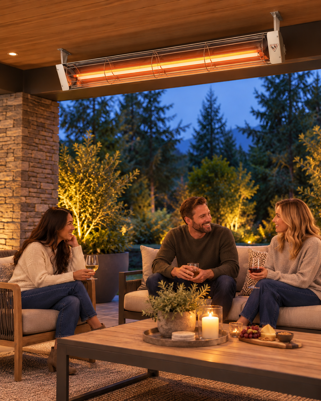 AI-created lifestyle illustration of friends enjoying a patio beneath a Twin Eagles electric heater aimed toward the seating area